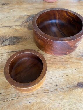 Vtg MCM Hand Carved Monkey Pod Wood Nesting Bowls Set of 2 Boho Wabi-Sabi